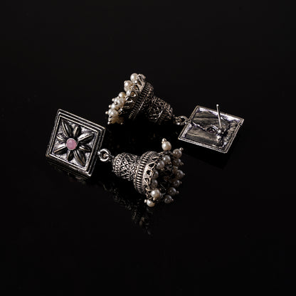 Baby Pink Stone Studded Oxidised Earrings With Hanging Pearls