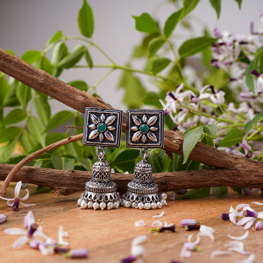 Green Stone Studded Oxidised Earrings With Hanging Pearls