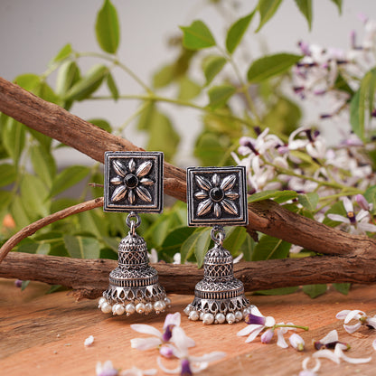 Black Stone Studded Oxidised Earrings With Hanging Pearls