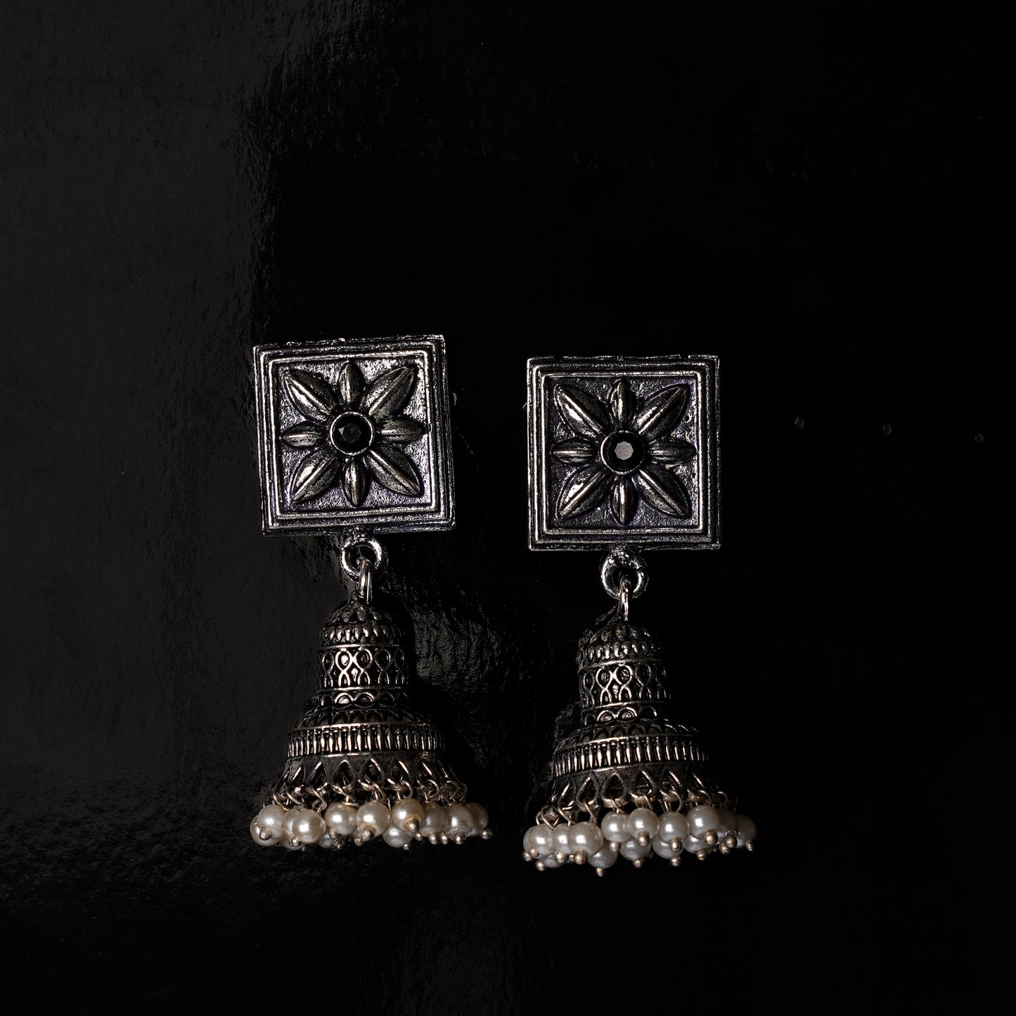 Black Stone Studded Oxidised Earrings With Hanging Pearls