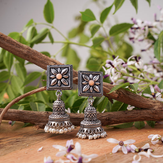 Light Orangish Stone Studded Oxidised Earrings With Hanging Pearls