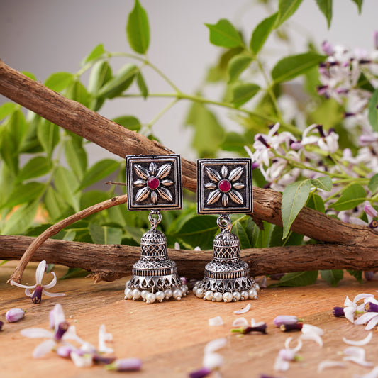 Dark Red Stone Studded Oxidised Earrings With Hanging Pearls