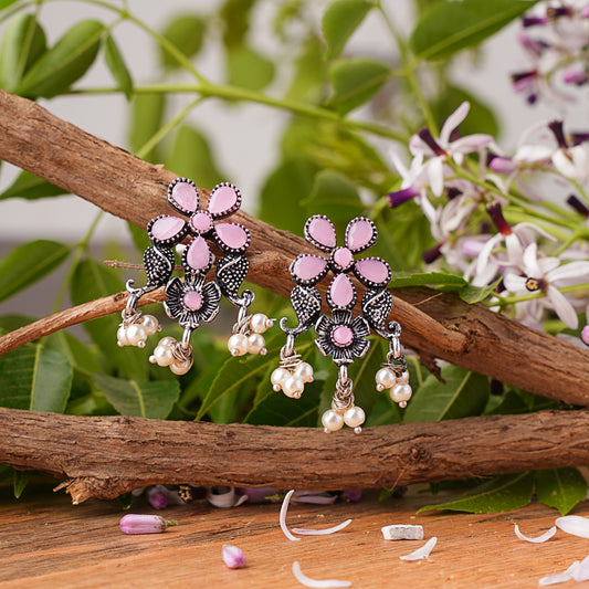 Baby Pink Stone Studded Oxidised Earrings With Hanging Pearl