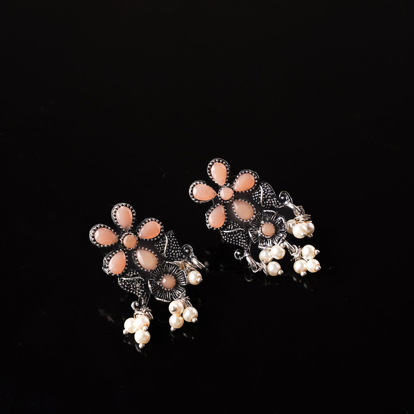 Light Orangish Stone Studded Oxidised Earrings With Hanging Pearl