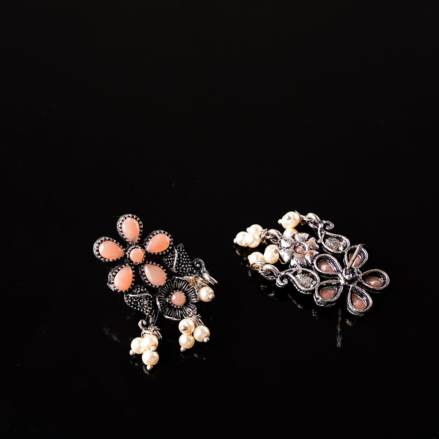 Light Orangish Stone Studded Oxidised Earrings With Hanging Pearl