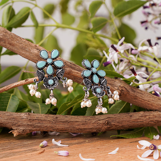 Mint Stone Studded Oxidised Earrings With Hanging Pearl