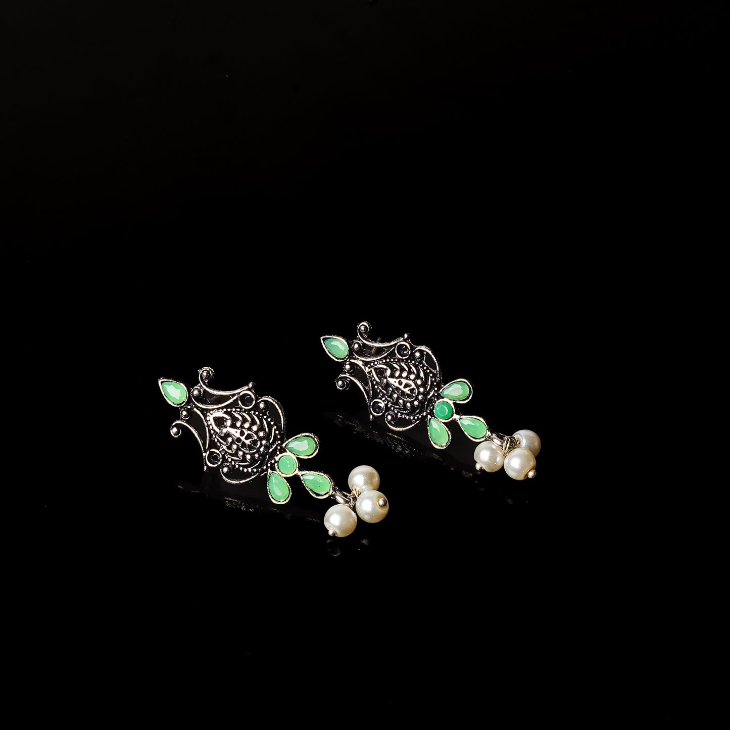 Pista Stone Studded Tiny Earrings With Hanging Pearls