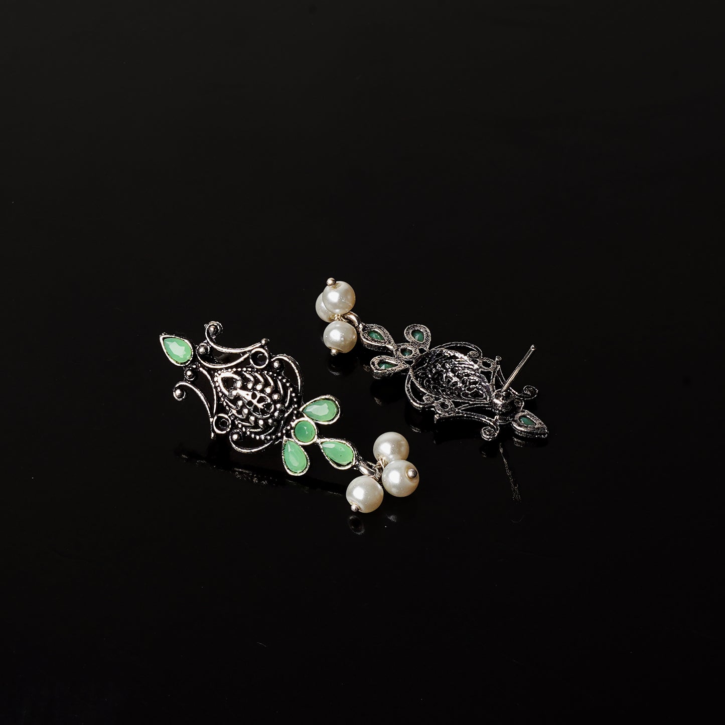 Pista Stone Studded Tiny Earrings With Hanging Pearls