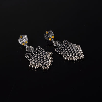 Yellow Stone Studded Intricate Oxidised Dangler Earrings