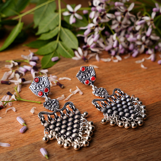 Dark Red Stone Studded Intricate Oxidised Dangler Earrings