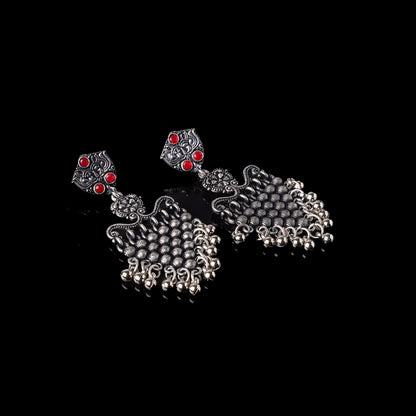 Dark Red Stone Studded Intricate Oxidised Dangler Earrings