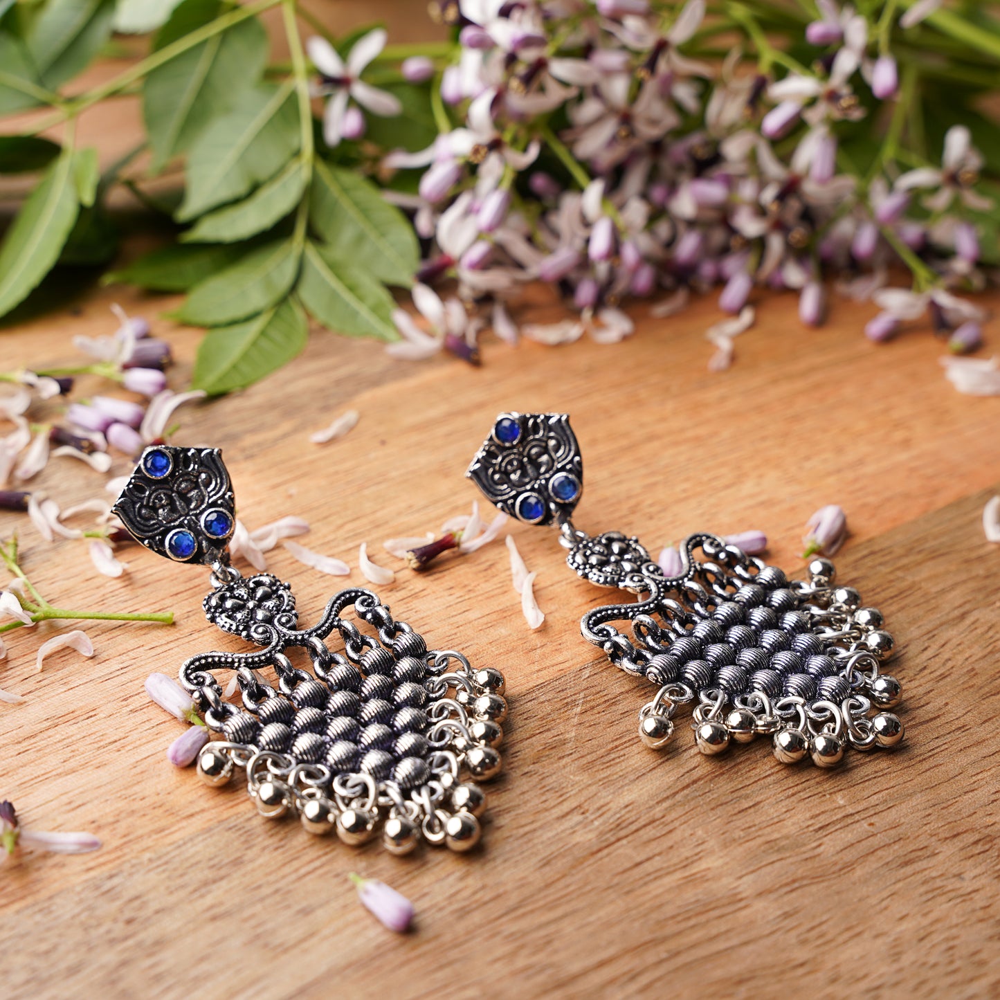 Blue Stone Studded Intricate Oxidised Dangler Earrings