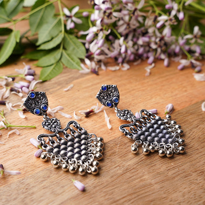 Blue Stone Studded Intricate Oxidised Dangler Earrings