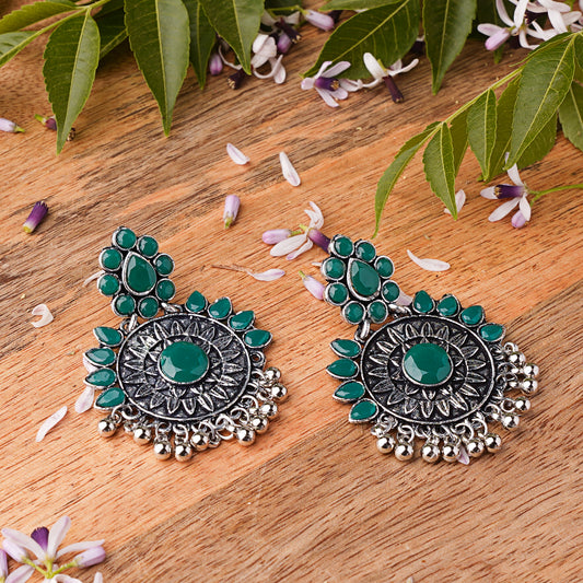 Green Stone Studded Oxidised Earrings