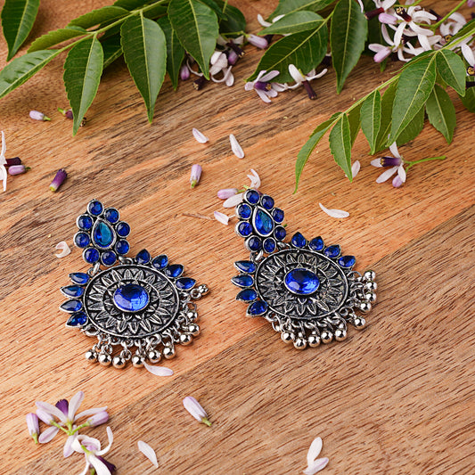 Blue Stone Studded Oxidised Earrings