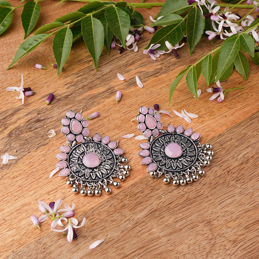 Baby Pink Stone Studded Oxidised Earrings