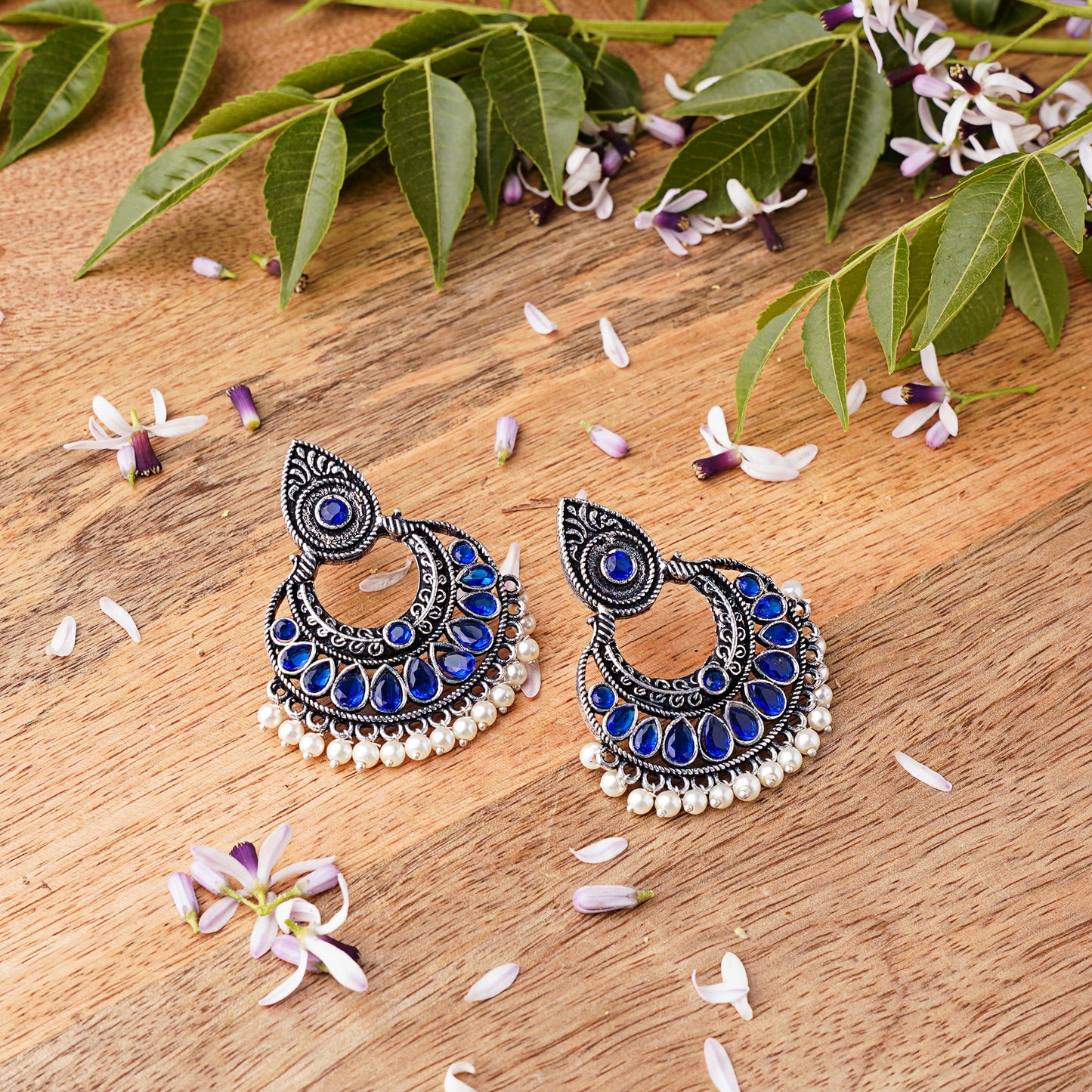 Blue Stone Studded Oxidised Earrings With Hanging Pearls