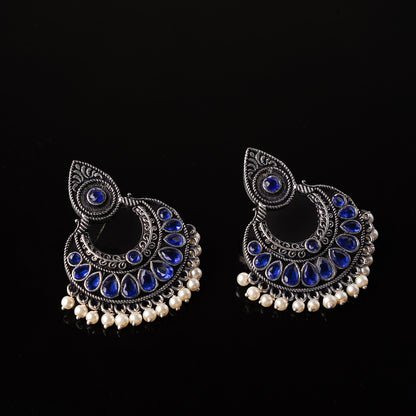 Blue Stone Studded Oxidised Earrings With Hanging Pearls