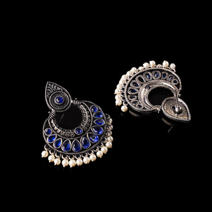 Blue Stone Studded Oxidised Earrings With Hanging Pearls