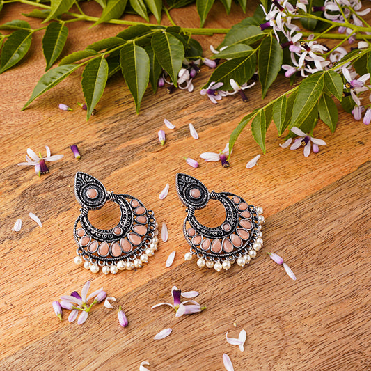 Light Orangish Stone Studded Oxidised Earrings With Hanging Pearls