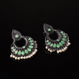 Pista Stone Studded Oxidised Earrings With Hanging Pearls