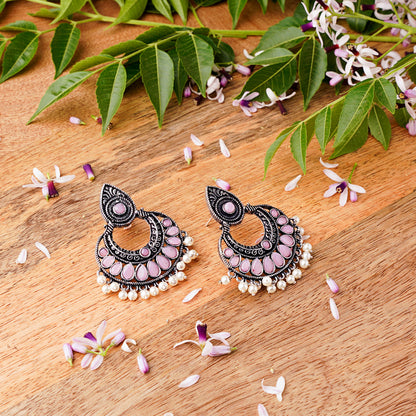 Baby Pink Stone Studded Oxidised Earrings With Hanging Pearls