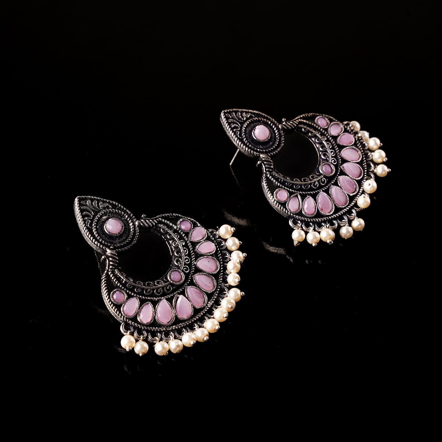 Baby Pink Stone Studded Oxidised Earrings With Hanging Pearls