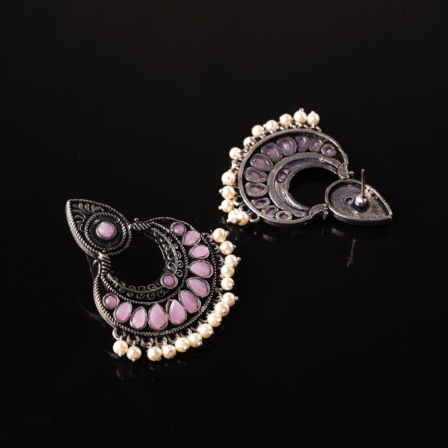 Baby Pink Stone Studded Oxidised Earrings With Hanging Pearls