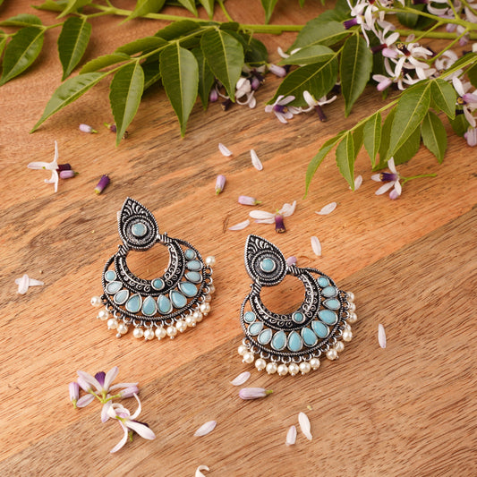 Mint Stone Studded Oxidised Earrings With Hanging Pearls