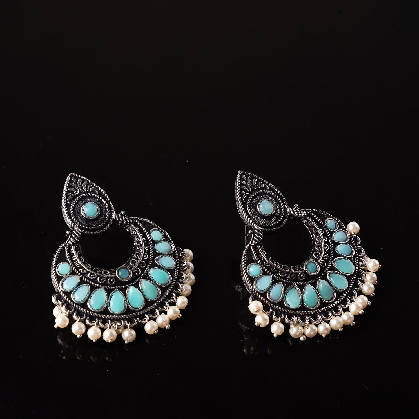 Mint Stone Studded Oxidised Earrings With Hanging Pearls