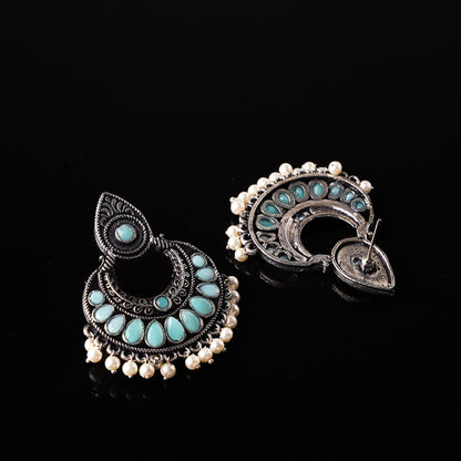 Mint Stone Studded Oxidised Earrings With Hanging Pearls