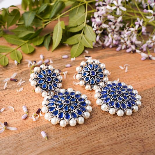 Blue Stone Double Circle Statement Dangler Earrings