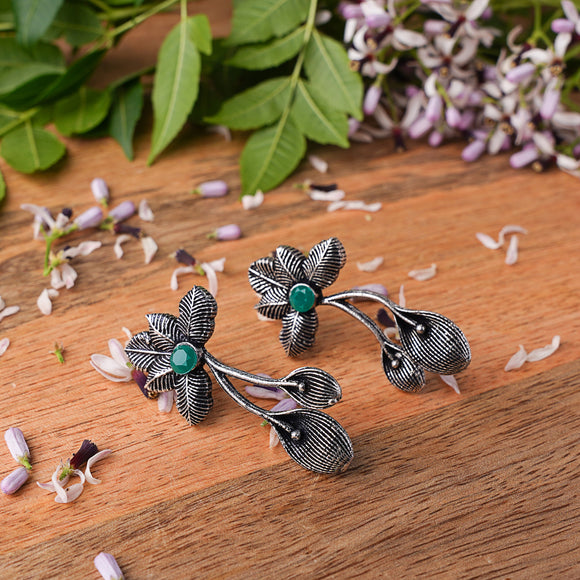 Green Stone Studded Flower Shaped Intricate Oxidised Earrings