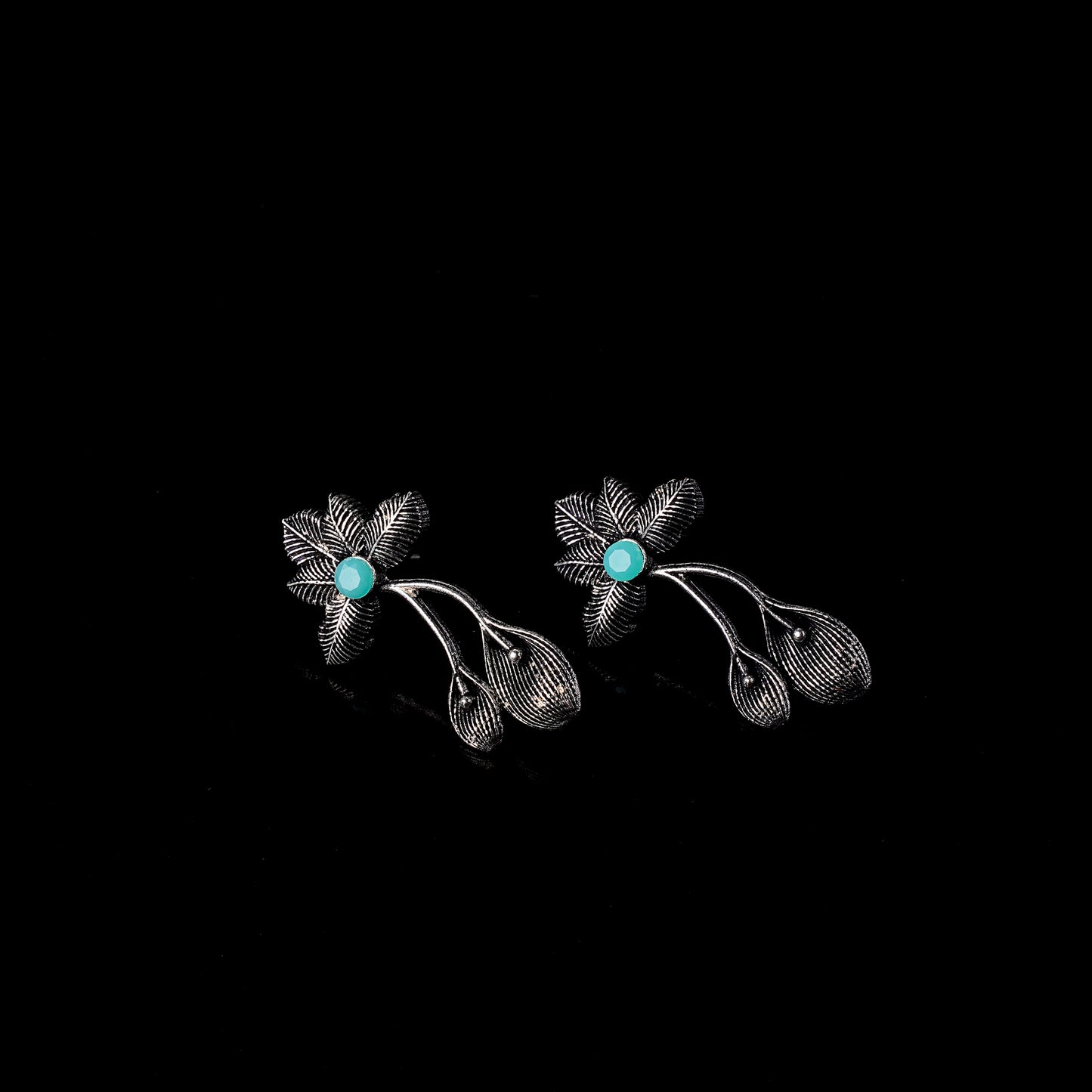 Mint Stone Studded Flower Shaped Intricate Oxidised Earrings