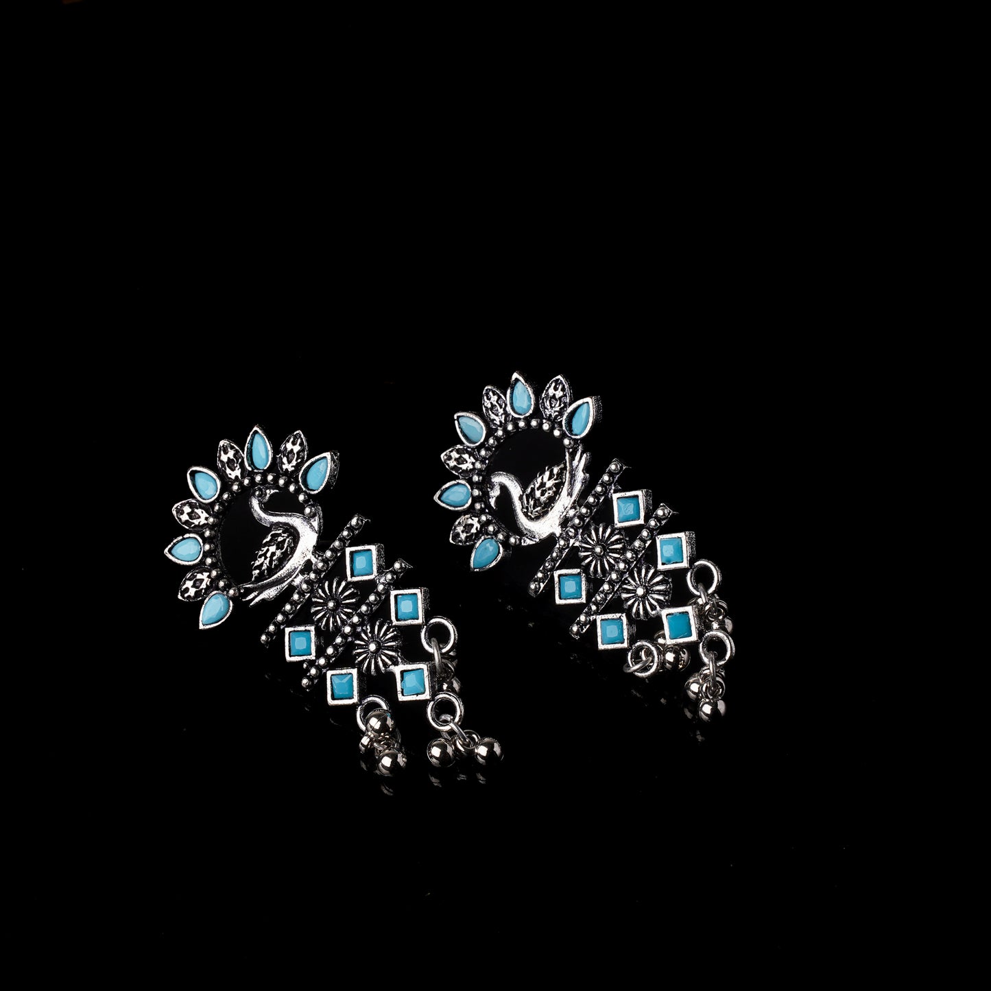 Sky Blue Stone Studded Peacock Motif Light Earrings