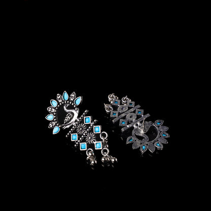 Sky Blue Stone Studded Peacock Motif Light Earrings