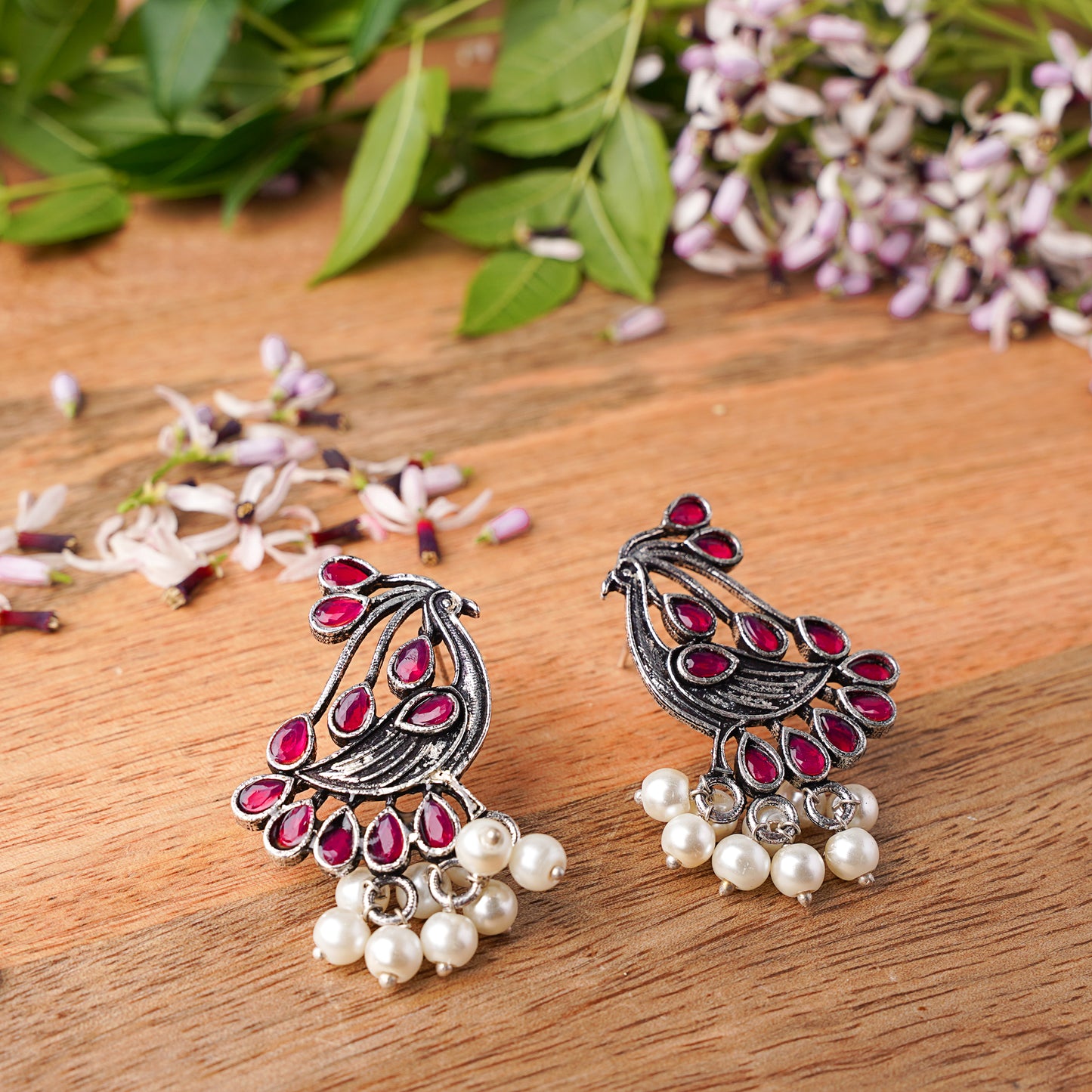 Red Stone Studded Peacock Earrings With Hanging Pearls