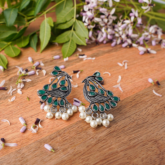 Green Stone Studded Peacock Earrings With Hanging Pearls