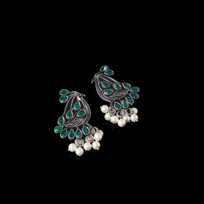 Green Stone Studded Peacock Earrings With Hanging Pearls