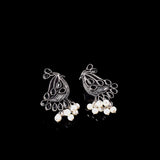 Black Stone Studded Peacock Earrings With Hanging Pearls