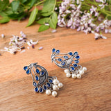 Blue Stone Studded Peacock Earrings With Hanging Pearls