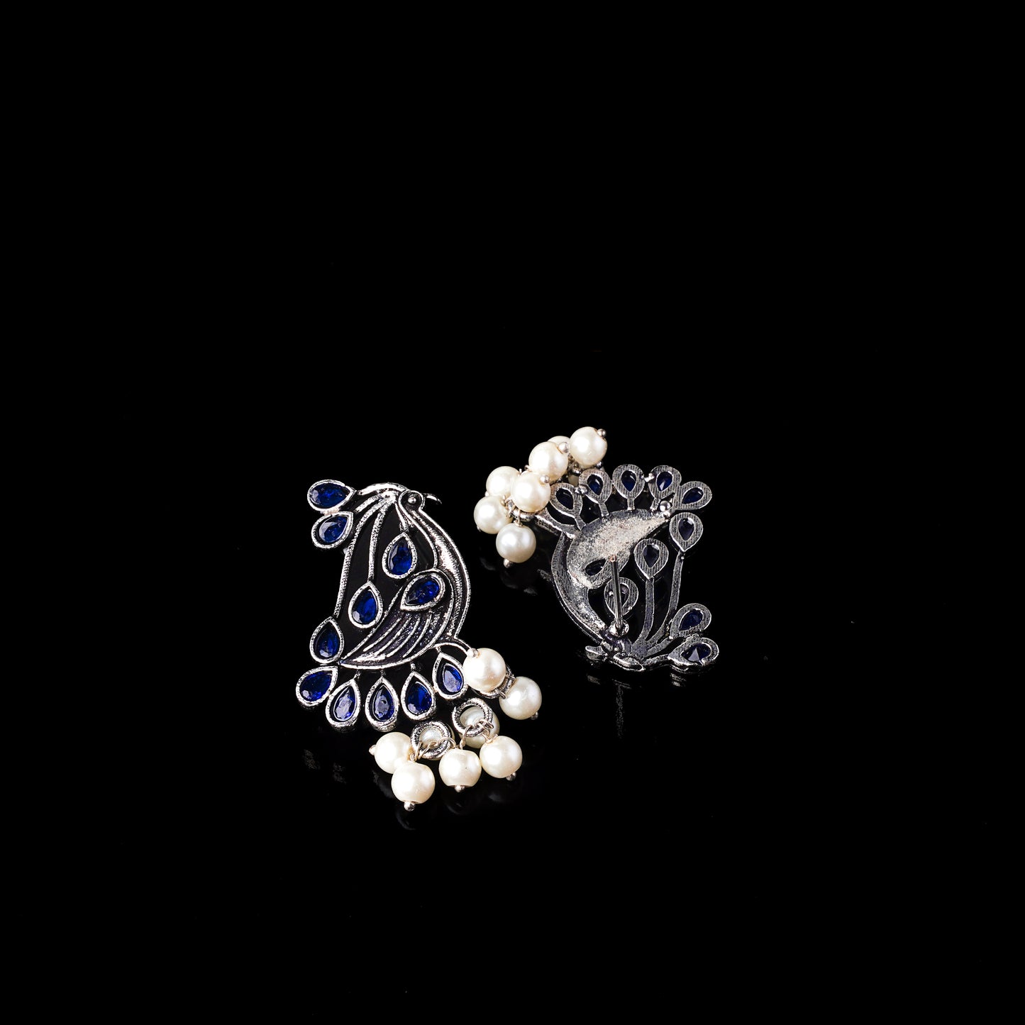 Blue Stone Studded Peacock Earrings With Hanging Pearls