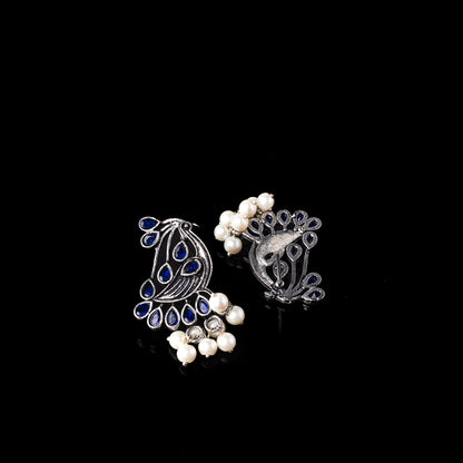 Blue Stone Studded Peacock Earrings With Hanging Pearls