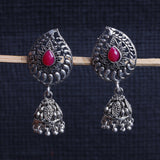 Red Stone Studded Danglers With Hanging Jhumki