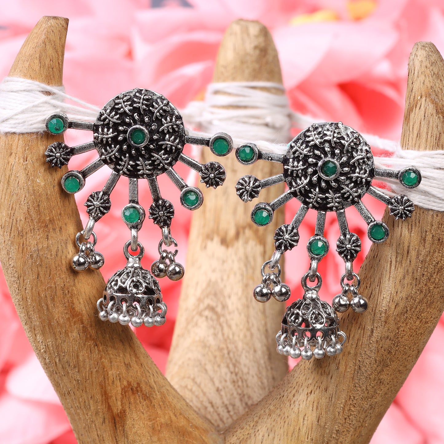 Green Stone Studded Semicircular Oxidised Earrings With Hanging Jhumki