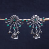 Green Stone Studded Semicircular Oxidised Earrings With Hanging Jhumki