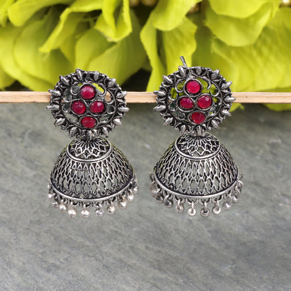 Red Stone Studded Oxidised Earrings With Hanging Jhumki