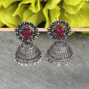 Red Stone Studded Oxidised Earrings With Hanging Jhumki