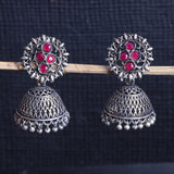 Red Stone Studded Oxidised Earrings With Hanging Jhumki