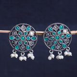 Green Stone Studded Circular Oxidised Earrings With Hanging Pearls